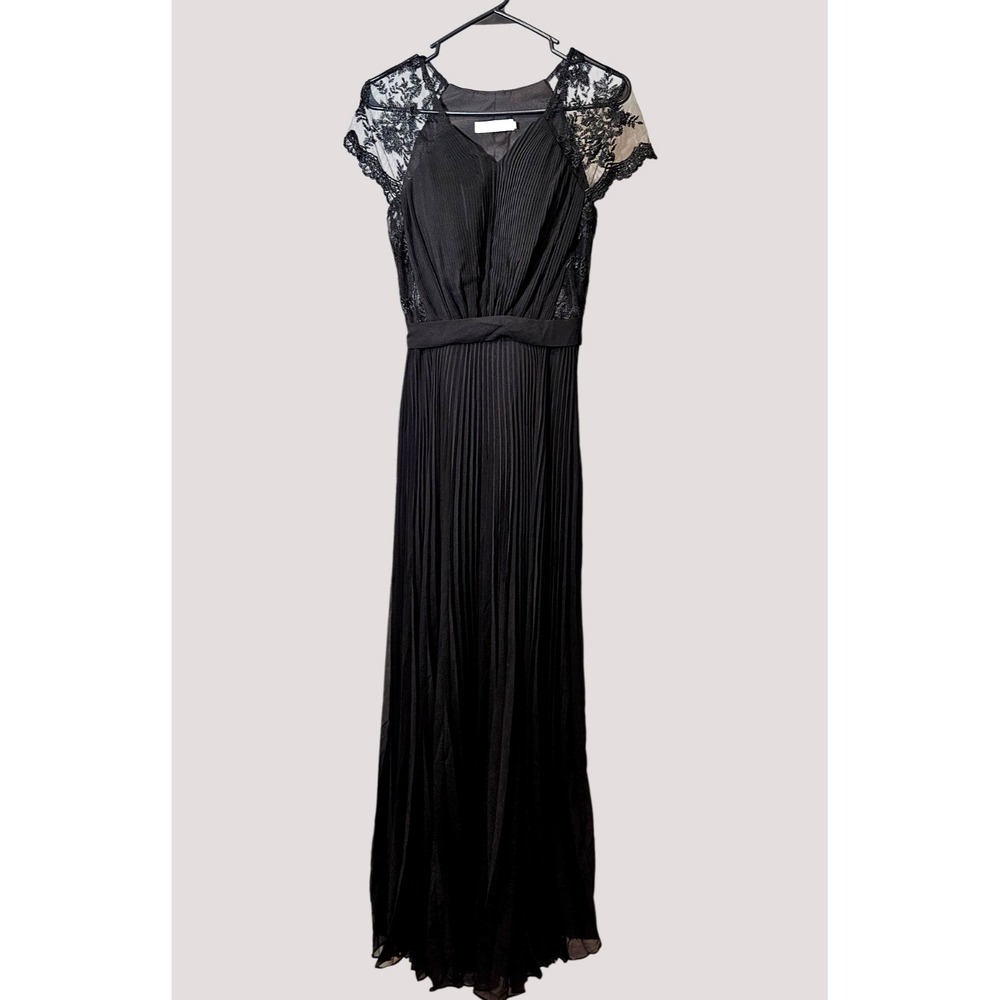 NWOT Miss Mint Size 4 Black Micro-Pleated Maxi Dress Lace Inserts/Sleeves Gala